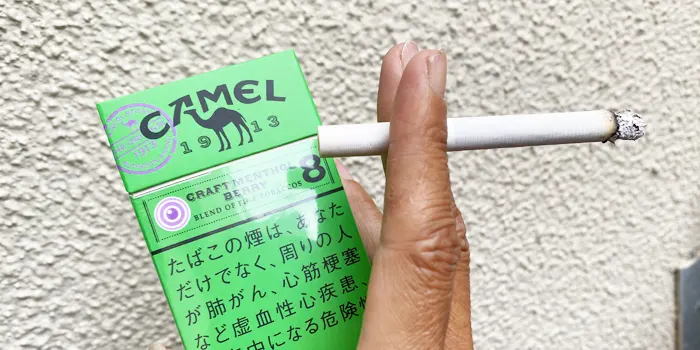 キャメルのパッケージと火がついたタバコ