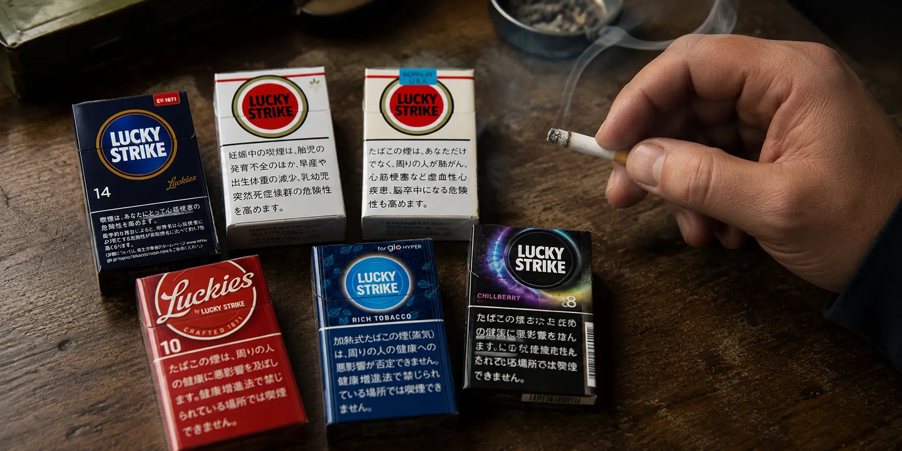 ラッキーストライクのパッケージとタバコを持つ手