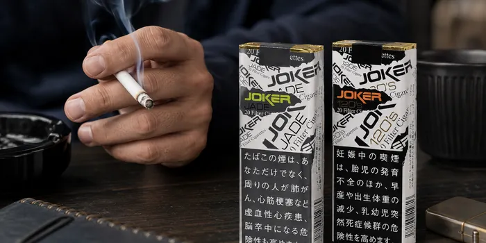 ジョーカーのパッケージとタバコを持つ手
