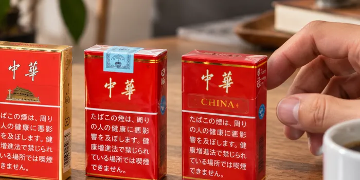 テーブルに置かれた中華のタバコパッケージ