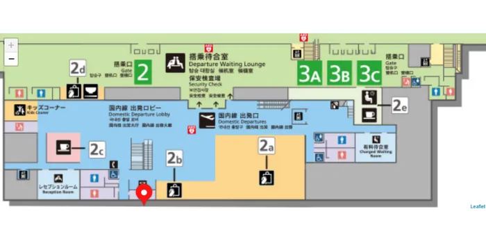 大分空港の国内線ターミナル2階｜出発ロビー中央階段裏手にある喫煙所の地図