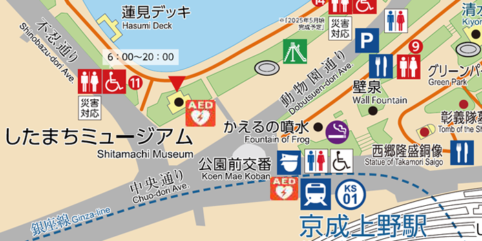 上野公園前交番裏の、かえるの噴水近く